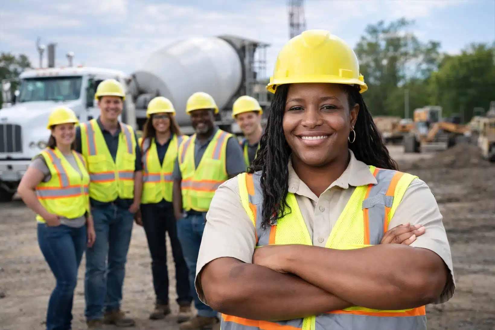 confident-fleet-owner-with-team confident fleet owner standing on construction site with her team in the background