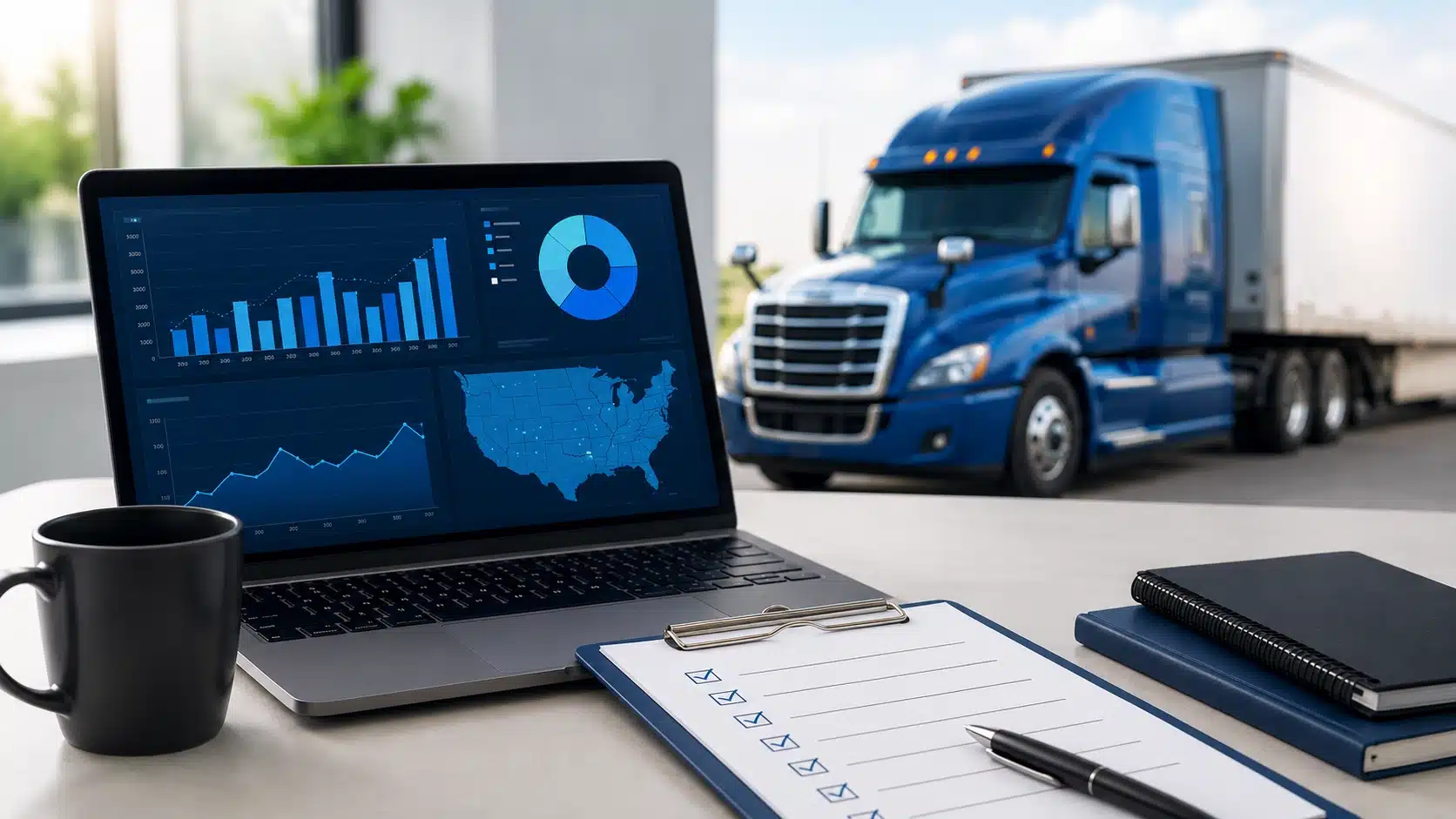 DataQs Revisions Inspection data on a laptop, with a commercial vehicle in the background.