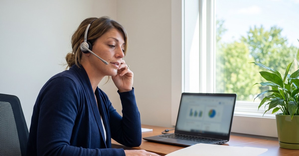 DOT Compliance Software vs. Managed Services Fleet safety manager on a headset call reviewing compliance reports on a laptop